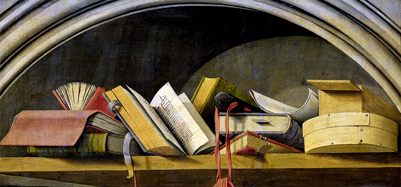 Barthélemy d’Eyck, Natura morta con libri in una nicchia, 1442-1445
